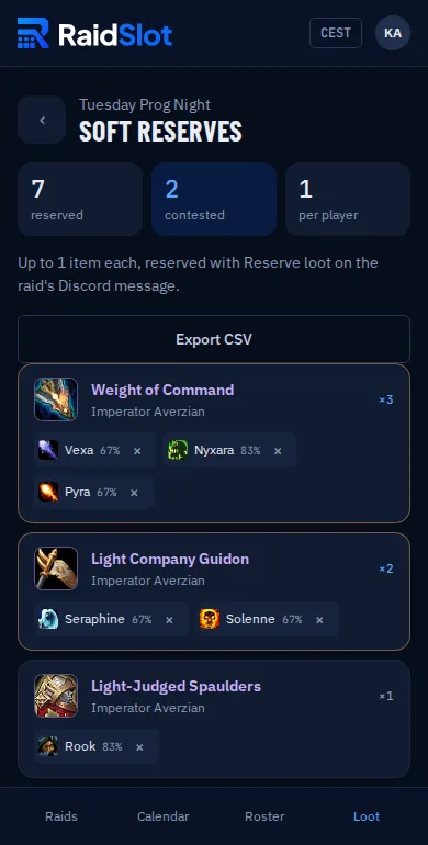 Soft reserves on a phone, contested items first