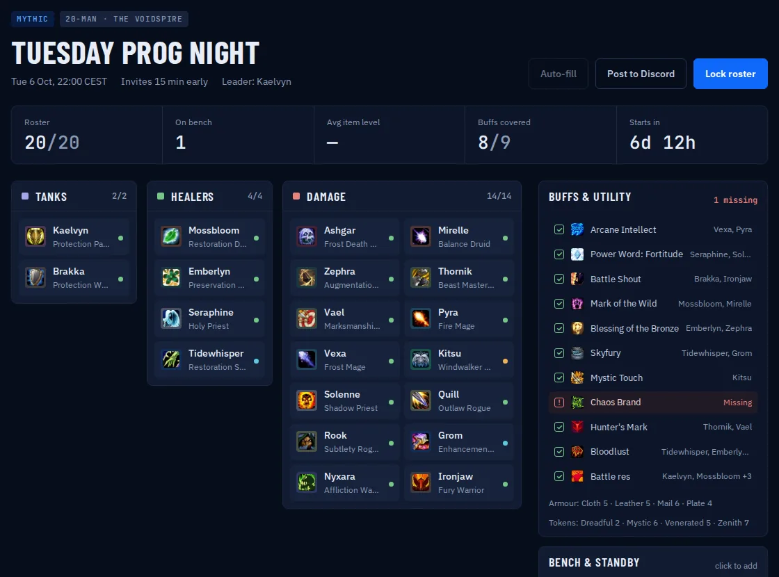The raid page: the header with its countdown, role columns of player cards, and the buffs and utility panel